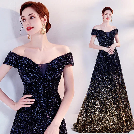 One Shoulder Evening Gown New Gradient Black Annual Party Stage Performance Host Walking Fish Tail Dress for Women 2025