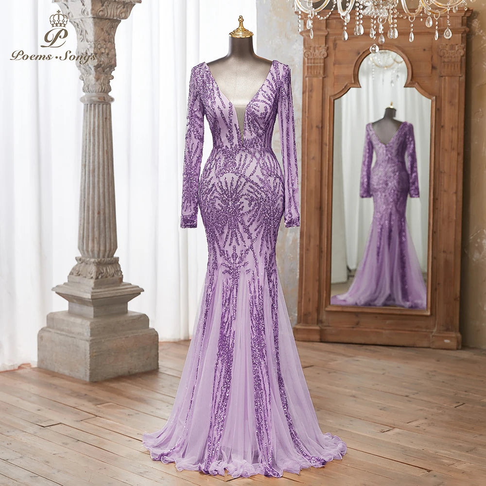Luxurious Purple Long Sleeve Sequin  Evening dress Deep V-Neck Embellished Pattern Mermaid Formal Evening dress Special Events