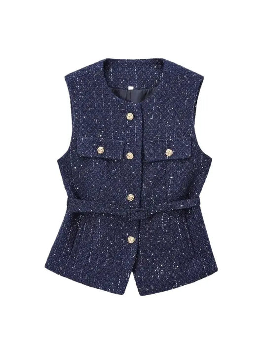 TRZA-Women's Tweed Waistcoat with Belt, O Neck, Sleeveless, Front Button, Female Outerwear, Chic Tops, Fashion