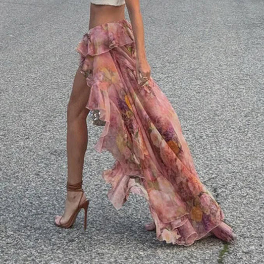SUCHCUTE Y2K Vacation Floral Printed Long Skirts Holiday Beach Sexy Low Waist Aesthetics Lace Skirt Women Grunge Party Outfits