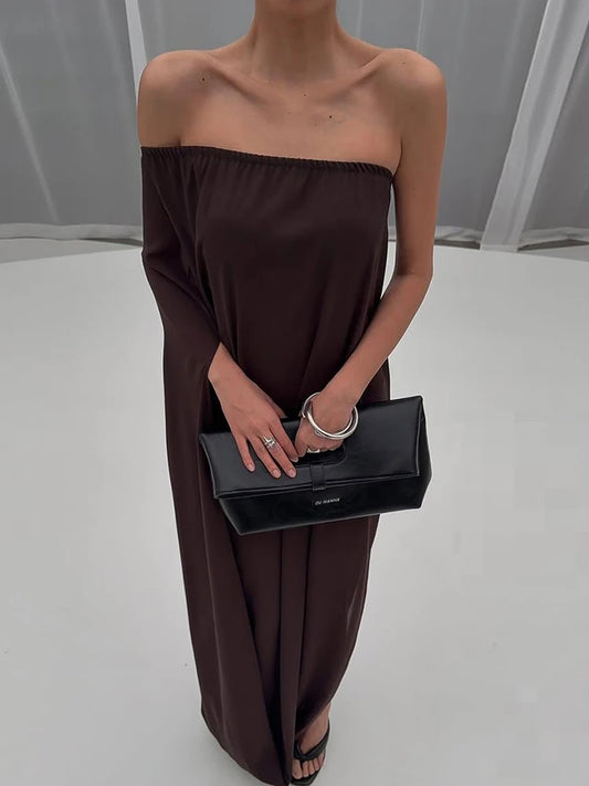 kliou Strapless Irregular Design Women Maxi Dress Classic Solid Strapless High Split Swinging Sheath Long Robe Mujer Party Frock