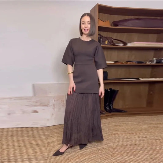 MUJER Pleated Knitted Long Dresses for Women Short Sleeve Maxi Dress Woman Vintage Party Womens Dresses Patchwork Women's Dress