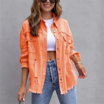 Fashion Broken Holes Solid Color Denim Jacket Ladies Comfortable Casual Loose Button Cardigan Coat Streetwear Women's Outerwear