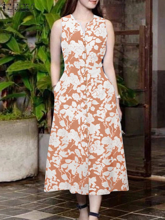 Elegant Women Printed Midi Dresses 2025 Summer Sundress ZANZEA Fashion V Neck Sleeveless Holiday Party Vestido Robe Femme Kaftan