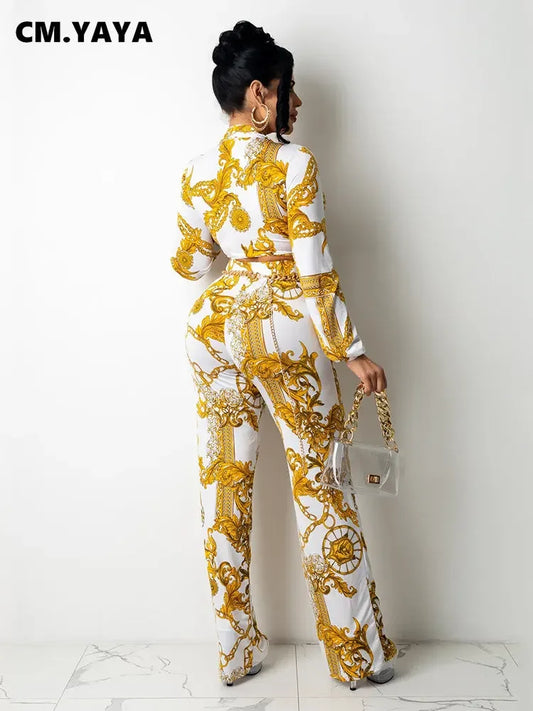 CM.YAYA Streetwear Paisley Chain Two 2 Piece Set  Women Outfits Tie Up Shirt and Wide Leg Loose Pants Suit INS Tracksuit