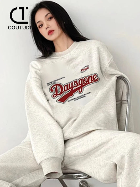 COUTUDI Women Hooded Set 2 Pieces Winter Fashion Tracksuit Suit Oversized Casual Hoody Pullovers Long Pant Sets Women Sportwears