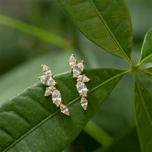 Huitan Simple Stylish Leaf Stud Earrings with Crystal Cubic Zirconia Exquisite Women Ear Piercing Accessories Versatile Jewelry
