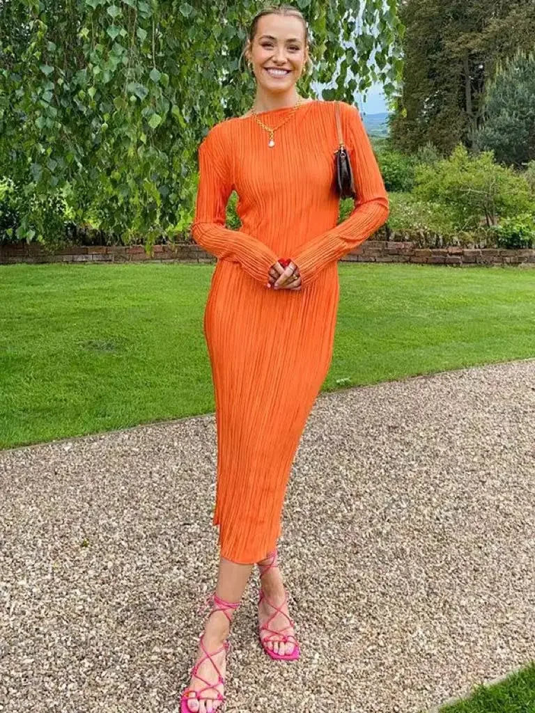 2024 Autumn Elegant Bodycon Dress Women Sexy Solid O Neck Flare Sleeves Long Summer Dresses Holiday Vestidos Black Red Orange
