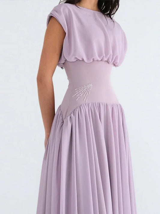 Elegant Waist-cinching Women's Party Dresses Casual Pleated O Neck Sleevless Female Long Dress Chic Slim Lady Evening Vestidos