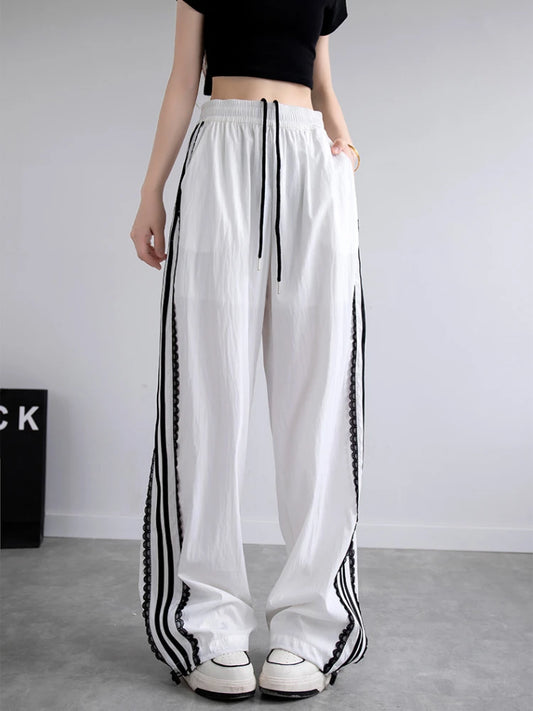 Lace Quick-drying Sweatpants for Women Summer Side Stripe Casual Wide-leg Pants High Waist Loose White Straight-leg Pants Women