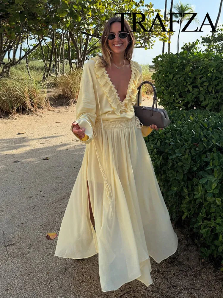 TRAFZA Female Elegant Sets Light Yellow V-Neck Long Sleeves Tierred Decoration Lace-Up Shirts+High Waist Long Skirt Women Suits
