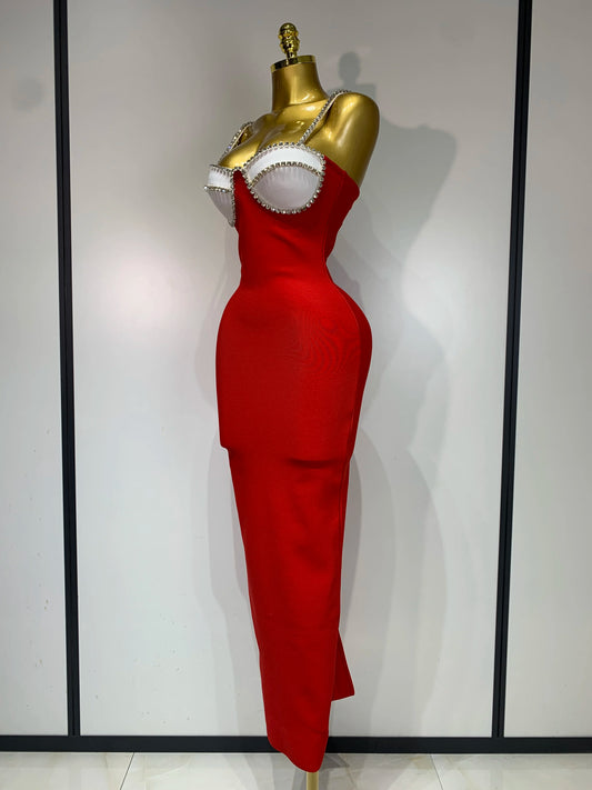 Women Sexy Backless Diamonds Red Maxi Long Bodycon Bandage Dress 2025 Celebrity Elegant Evening Club Luxury Birthday Party Dress