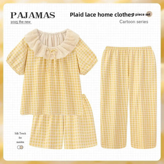 Comfortable Cotton Pajamas Women's Three-Piece Set Summer Oversize Home Clothes Sweet Cloud Plaid Design Breathable Nightgown
