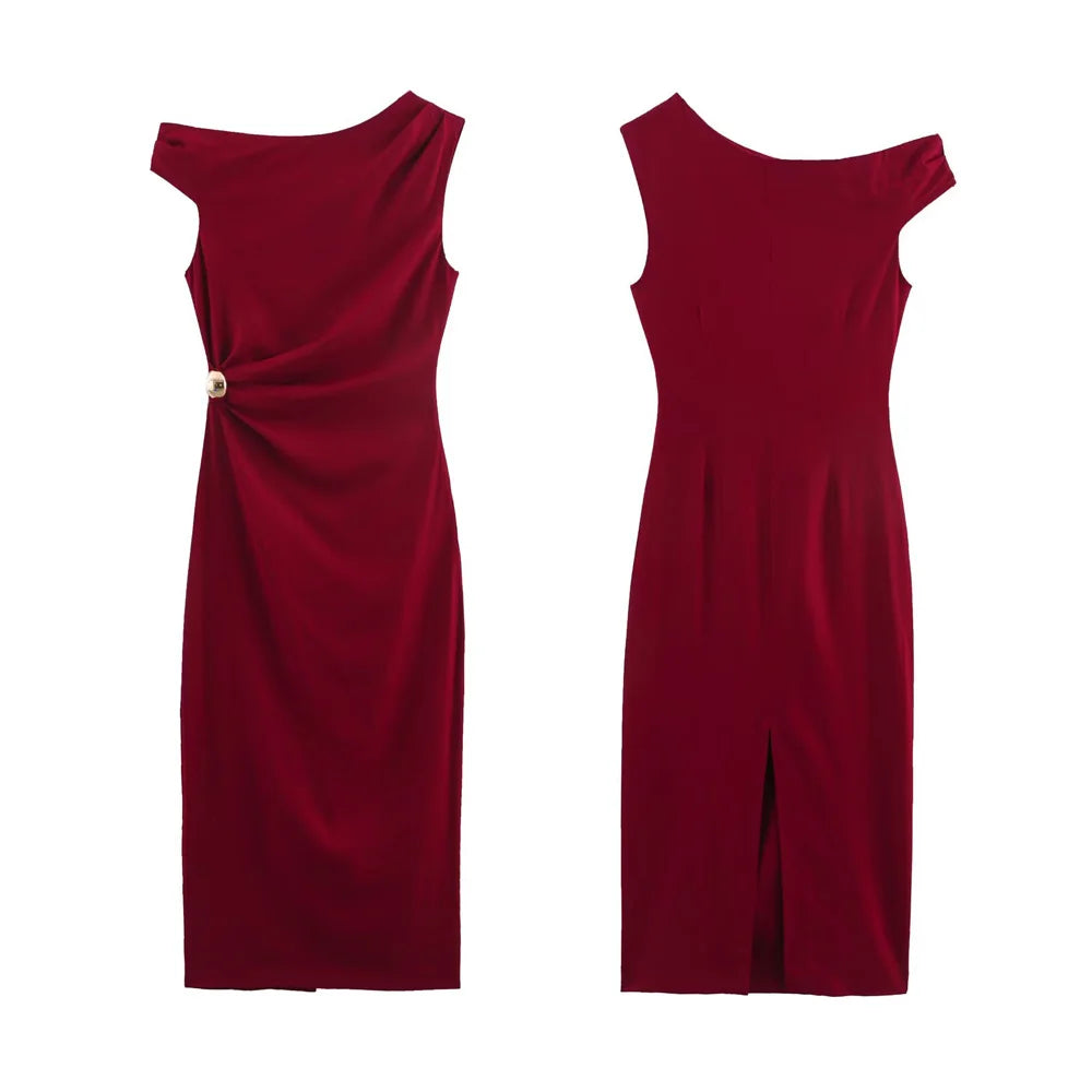2025 Women Solid Long Dress Skew Collar Sleeveless Off Shoulder Irregular Slim Dress Casual Fashion Party Loose Dress