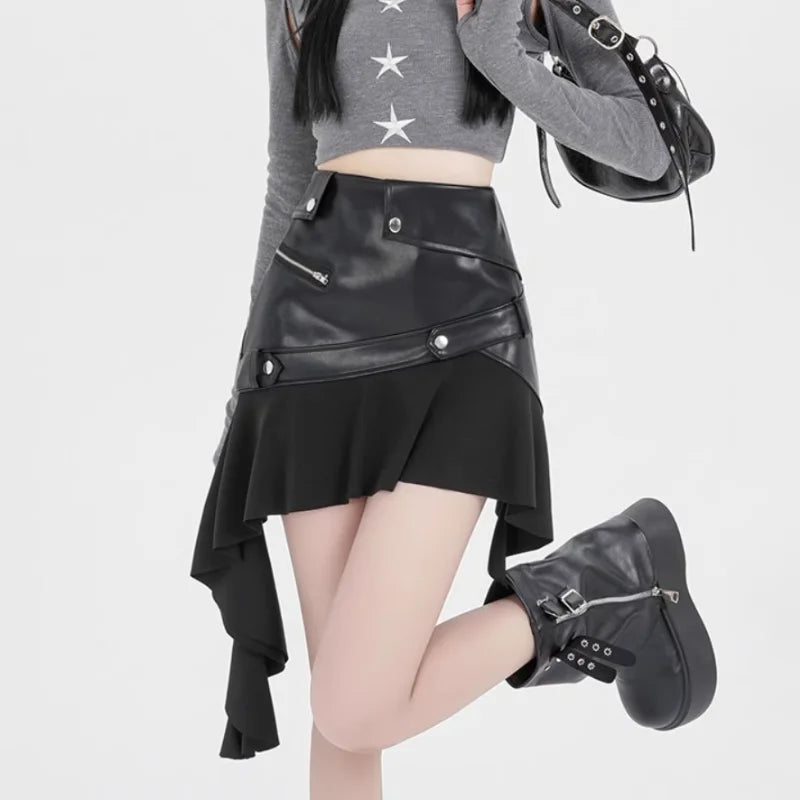 Vintage Black Irregular PU Leather Skirt For Women Autumn New Style Ruffle Edge A- Line Hip Up Mini A-line Skirt 2000s Aesthetic