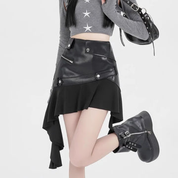Vintage Black Irregular PU Leather Skirt For Women Autumn New Style Ruffle Edge A- Line Hip Up Mini A-line Skirt 2000s Aesthetic