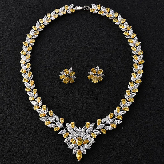 2025 New Cube Zirconia Necklace Earring Set Evening Wedding Dress Accessories Flower Fashion