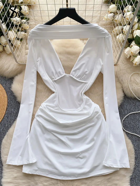 SINGREINY American Senior Sexy Dress Deep V Neck Long Sleeves Backless Chic 2024 Fashion Female Hotsweet Short Bodycon Dress