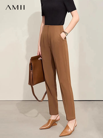 Amii Minimalism Women Casual Pants 2024 Summer New Commuter Career Solid Pockets Mid-waist Straight Trousers Female 12412004