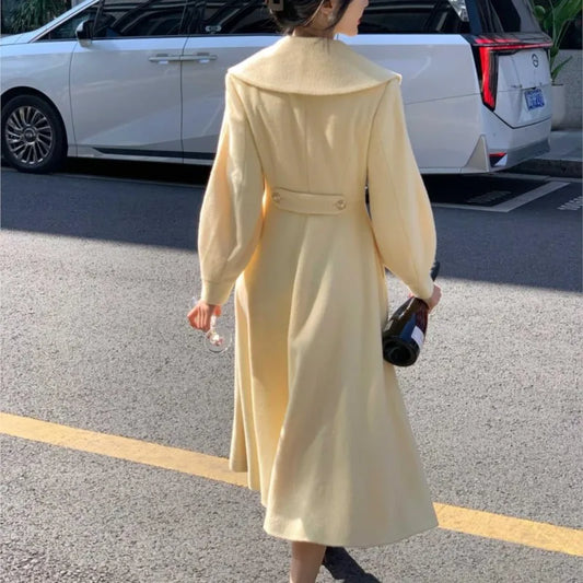 Fashion Women's Long Coats Winter New Outerwear Lapel Double Breasted Lantern Sleeve Solid Vintage Chic Woolen Overcoats