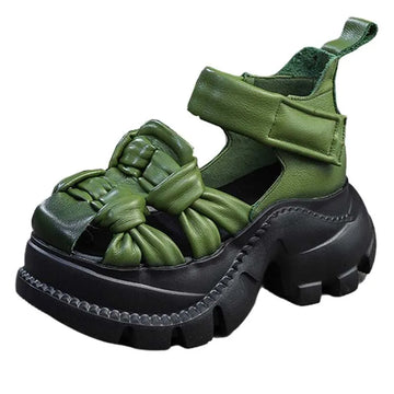 7cm Weave Genuine Leather Flats Comfy Shoes Elthnic Hook Pumps Women Slipper Mary Jane Platform Wedge Sandals Flats Rubber