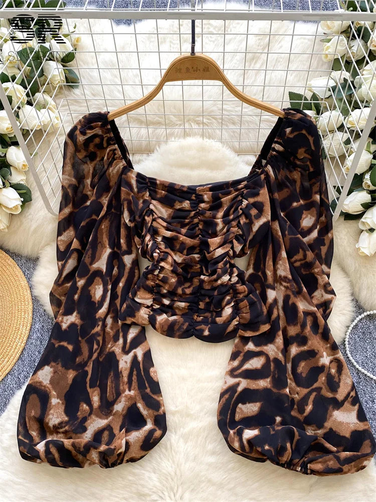 SINGREINY Sexy Leopard Print Crop Tops Puff Sleeve Ruched Off Shoulder Blouse 2025 French Style Autumn Women Streetwear Shirts