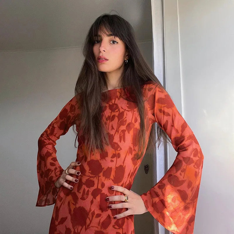 Temperament Print Round Neck Basic Dress Autumn Socialite Style Fashionable And Elegant Slim Fit Long Dress