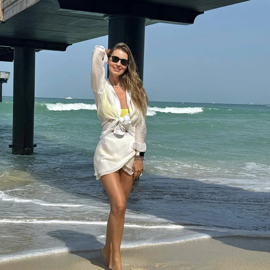 VEITCHE Summer Women Two Piece Linen Skirt Sets Long Sleeve Shirt And Mini Skirt Loose Suit Beachwear Sun-protective clothes