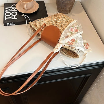 Women Straw Woven Tote Bag Summer Beach Bags Large Capacity Fashion Woven Handbag Weaving Shoulder Bag for Party Vacation