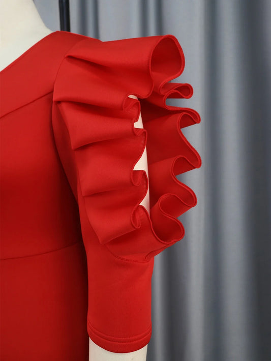 Red Sheath Dresses for Women Three Quarter Sleeve Ruffles Pencil Bodycon Celebrate Birthday Event Party Plus Size Midi Gowns