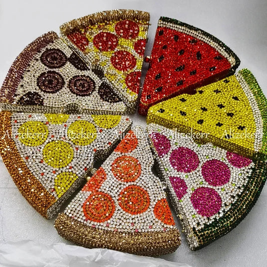 Alizekerr Pizza Shaped Diamond Evening Clutch Bags 2024 New Gorgeous Unique Metallic Watermelon Rhinestone Purses Wedding Party