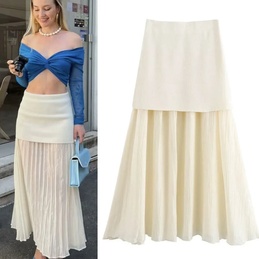 ETJ 2025 spring new TRAF women's elegant fashion same color splicing small pleated hem high waist knit skirt