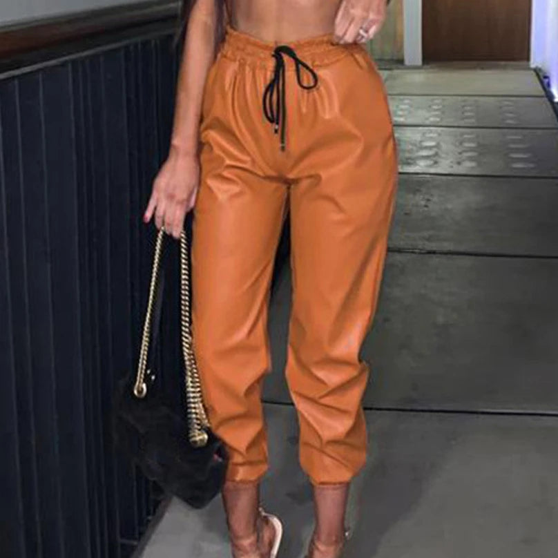 PU Faux Leather Pants Women High Waist Elastic Lace Up Slim Bottoms Pants Ladies Sexy Club Trousers Women Pants Pantalon Femme
