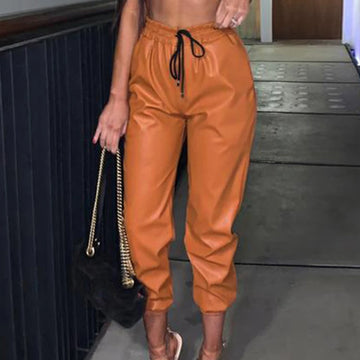 PU Faux Leather Pants Women High Waist Elastic Lace Up Slim Bottoms Pants Ladies Sexy Club Trousers Women Pants Pantalon Femme