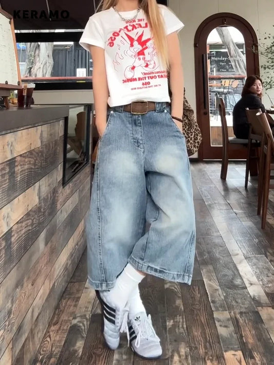 Harajuku Loose High Waist Calf Length Jeans Female Kpop Hight Street Retro Y2K Pants Women's Vintage Light Blue Denim Trouser