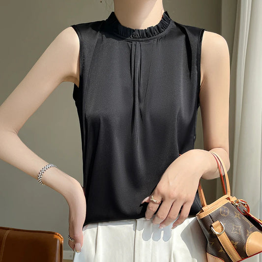 Summer New Women's T-Shirt Casual Frill Collar Silk Vest Ladies' Clothes Loose Satin Tees Solid Color Tops