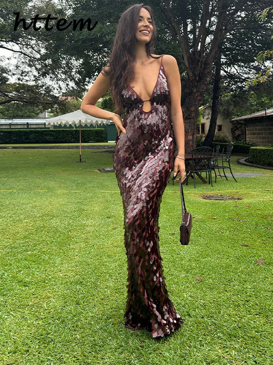 Sexy Hollow Out Sequined Long Party Dress Women V-neck Sleeveless Backless Sling Dresses 2025 Summer Lady Beach Holiday Robes