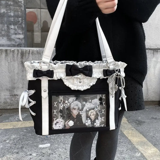 Richme Lolita Bow Women Ita Bags Sweetly Ruched DIY Anime Badge Tote Bolso Mujer Students Casual Large Capacity Shoulder Bag