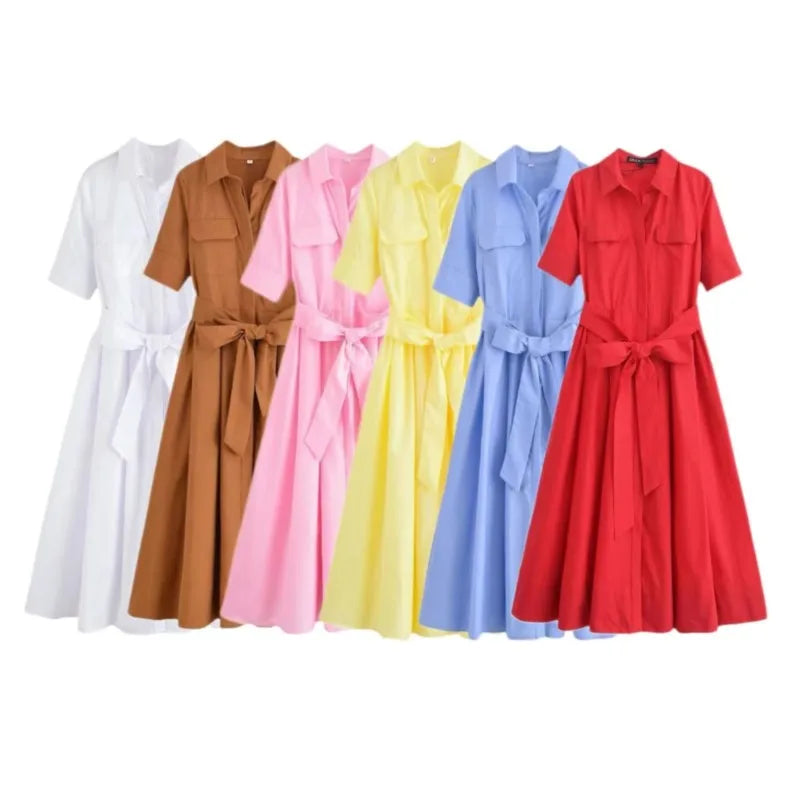 HipSeam Women Dress With Belt Spring Pocket Lady Dress Button Midi Dress Casual Side Zipper Women's Dresses Female Party Dress