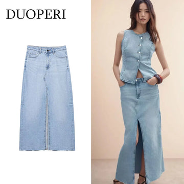 DUOPERI Women 2025 New Denim Blue Slit Straight Midi Skirt Front Zipper High Waist Female Elegance Chic Lady Casual Long Skirts