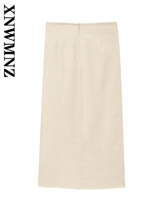 XNWMNZ 2025 Summer New Woman's Fashion High Waist Midi Skirt Classic Lady Solid Color Bottoms Ruffles Regular Fit zipper