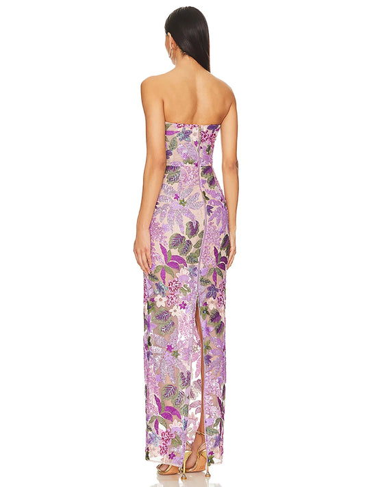 Women's Elegant Strapless Floral Embroidered Sequin Maxi Dress with Sheer Lace Perfect for Formal Parties Special Occasions