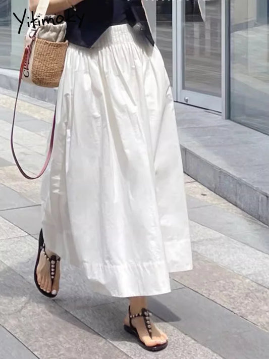 Yitimoky 2025 New Summer Arrival Commute Artistic Pleated A Line Midi Skirt Women Elastic Waist Loose Slimming Korean Skirt