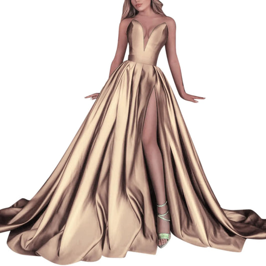 Gold Evening Dress Women Elegant Satin Sleeveless Off The Shoulder Split Bridal Formal Long Ball Gowns Trend Pageant Dress