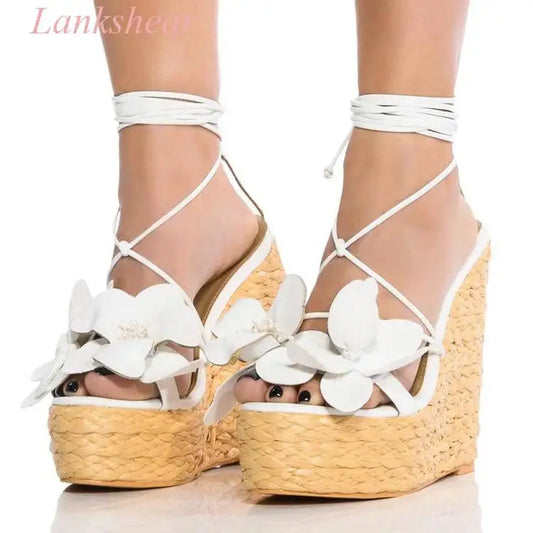 2025 New Arrival Women's Ivory Beach Sandals Floral Embellished Ankle Lace Up Strappy Platform Wedge Heels Open Toe Sandals