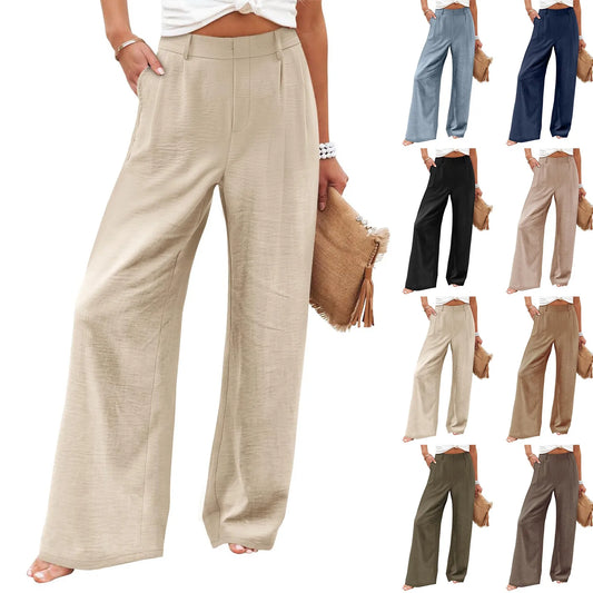 Women's Pants Summer Cotton Linen Wide Leg Pants Full Length Casual Solid Loose High Waist Straight Trousers Women Button Pants