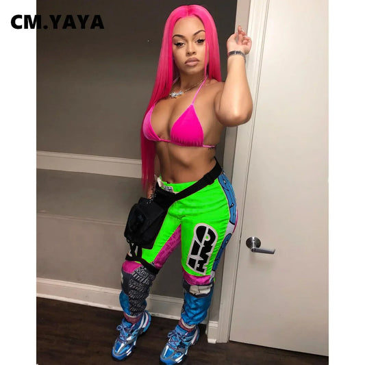 CM.YAYA Women Mid Waist Elastic Letter Print Pencil Pants  streetwear fashion Trousers 2021 Sporty Active Jogger Sweatpents