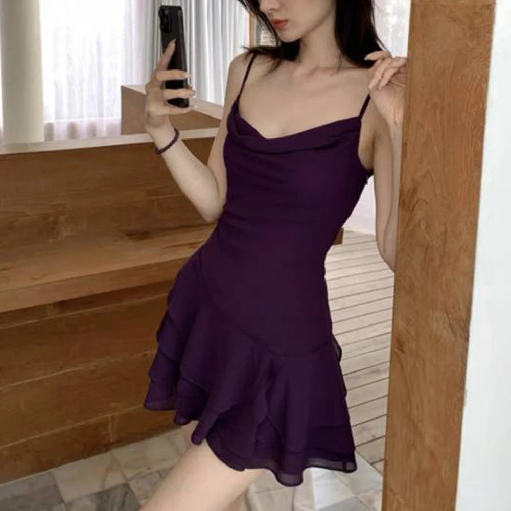 Summer Sling Sexy Mini Dress Women Ruffled Strap Backless Bodycon Dress Party Club A-line Dress Cowl Neck Streetwear