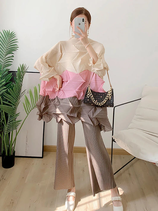 Miyake Diamond Pleated Two Piece Set Women Winter Outfits Elegant Causal Batwing Long Sleeve Three Colour Tos Straight Pants
