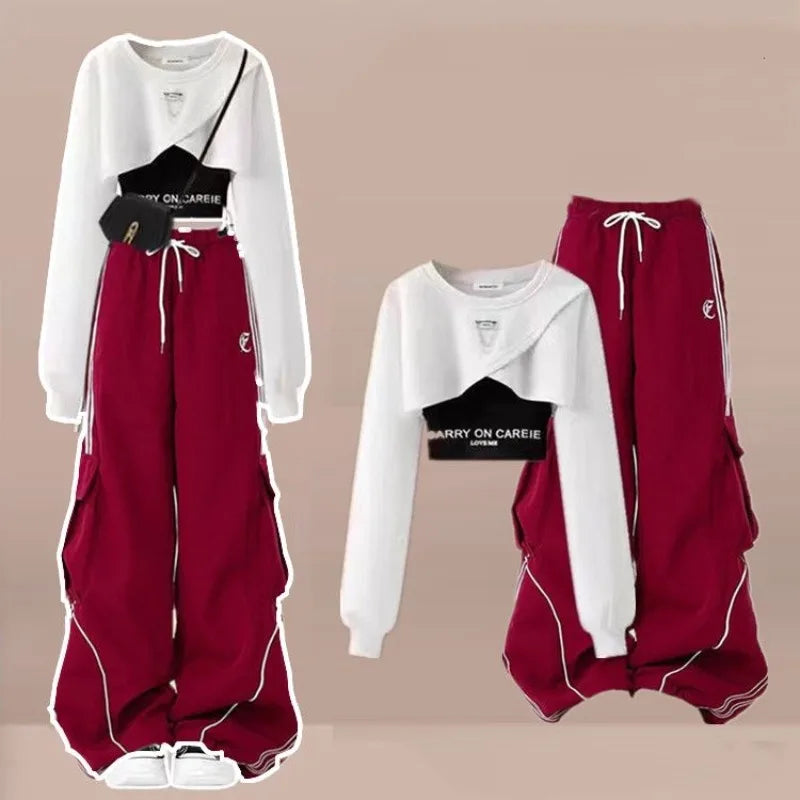 Women's Spring Autumn Fashion Short Sweatshirts Letter Sling Cargo Pants 1 or Three Piece Set Lady Crop Tops Trousers Outfits